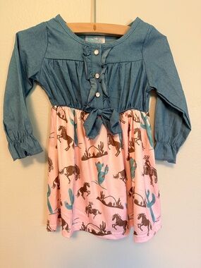 Girls' Denim-Style Top Dress with Pink Horse & Cactus Skirt